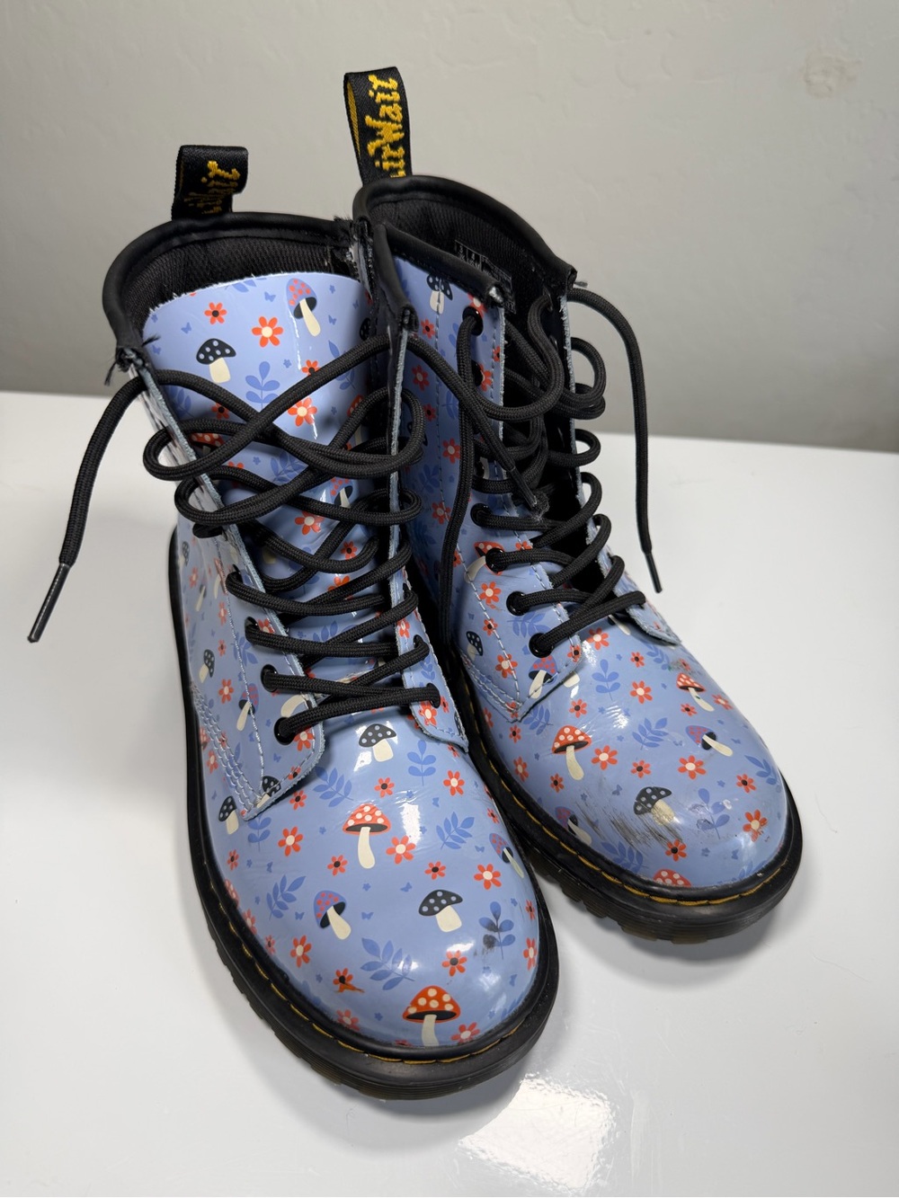 Dr Martens 1460 Junior Patent Woodland Boots Blue Mushroom Floral Size 4